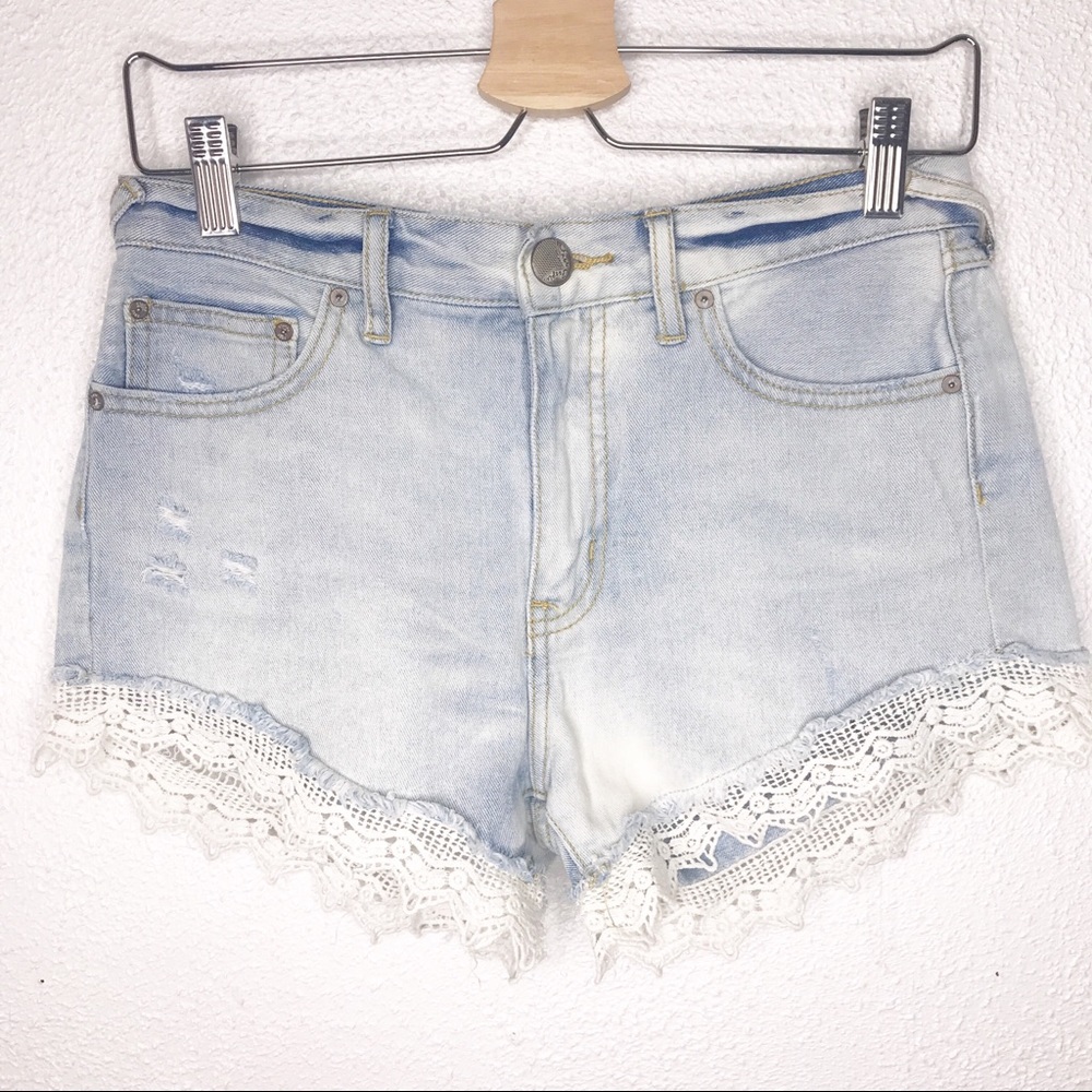 Free People Cut Off Denim Shorts Crochet Hi Waist